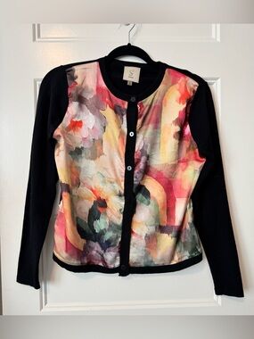 Sioni Floral Cardigan Sweater Small Black Button Front Lightweight Workwear